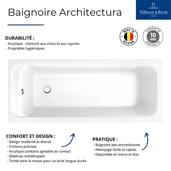 VILLEROY ET BOCH - Baignoire droite 160 X 70  Architectura acrylique - large
