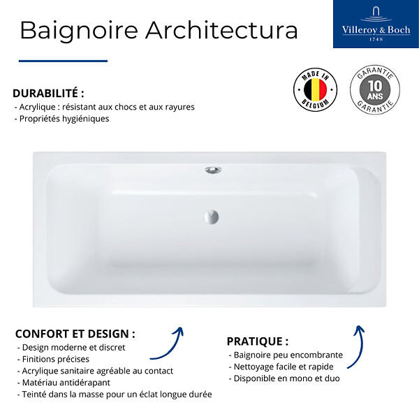 VILLEROY ET BOCH - Baignoire droite 170 X 80  Architectura acrylique avec pieds - large
