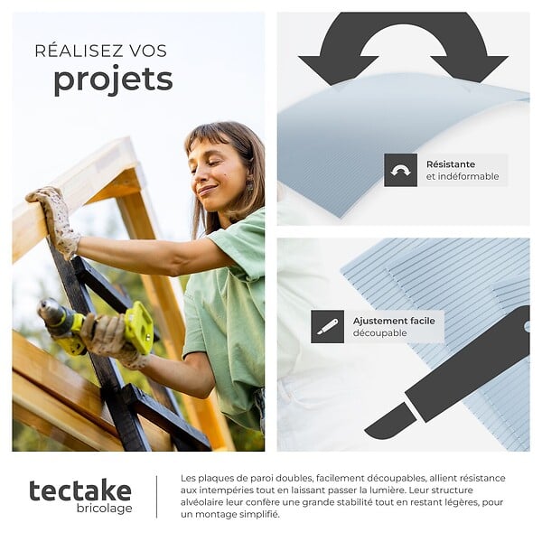 TECTAKE - Plaques doubles SHINY en polycarbonate découpables blanc transparent - large