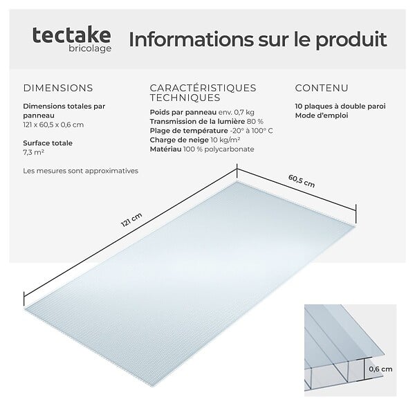 TECTAKE - Plaques doubles SHINY en polycarbonate découpables blanc transparent - large