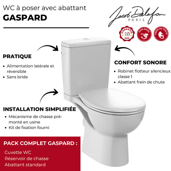 JACOB DELAFON - WC à poser sans bride sortie horizontale Gaspard avec abattant frein de chute et déclipsable + gel WC - large