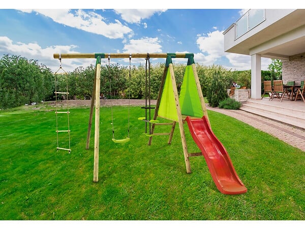 HABITAT ET JARDIN - Portique Bois "Kida" - Avec 1 Toboggan - 1 Balançoire - 1 Face à face - 1 Nacelle. - large