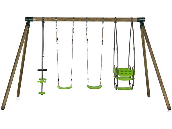 HABITAT ET JARDIN - Portique bois "Nelio" - Avec 2 balançoires , 1 vis-à-vis et 1 nacelle. - large