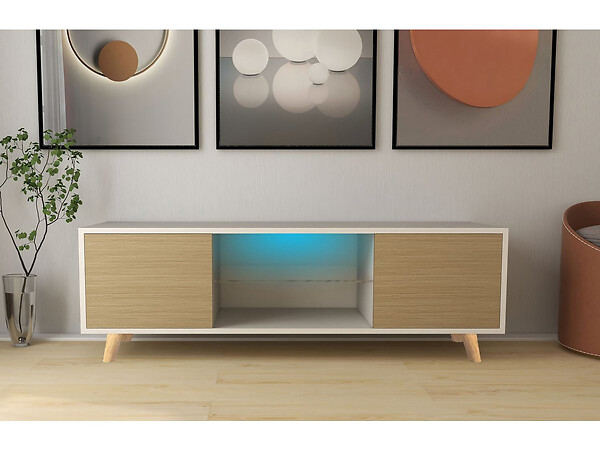 HABITAT ET JARDIN - Meuble TV LED "Inna" - 140 x 42 x 45 cm - Blanc/Chêne - large