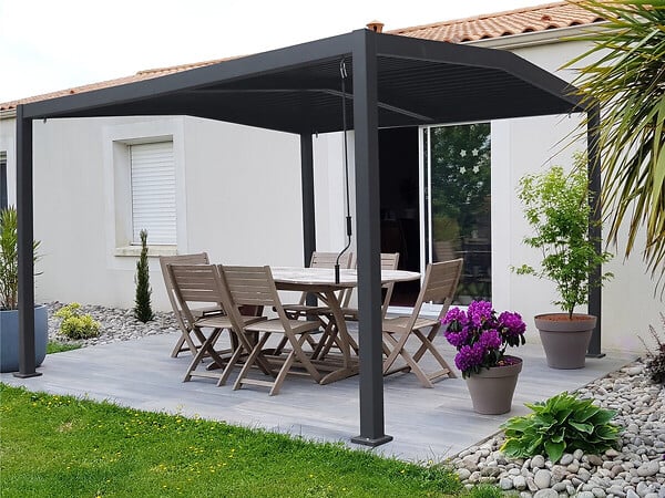 HABITAT ET JARDIN - Pergola bioclimatique toit 2 pans "Victoria" en aluminium et métal- 3,5 x 4 m - Gris - large