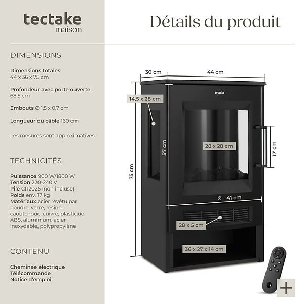 TECTAKE - Cheminée électrique AIDAN avec 2 niveaux de chauffe noir - large