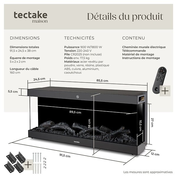 TECTAKE - Cheminée murale électrique LUCIANO noir - large