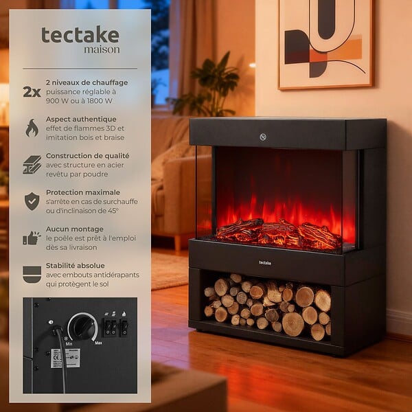 TECTAKE - Cheminée électrique noir - large