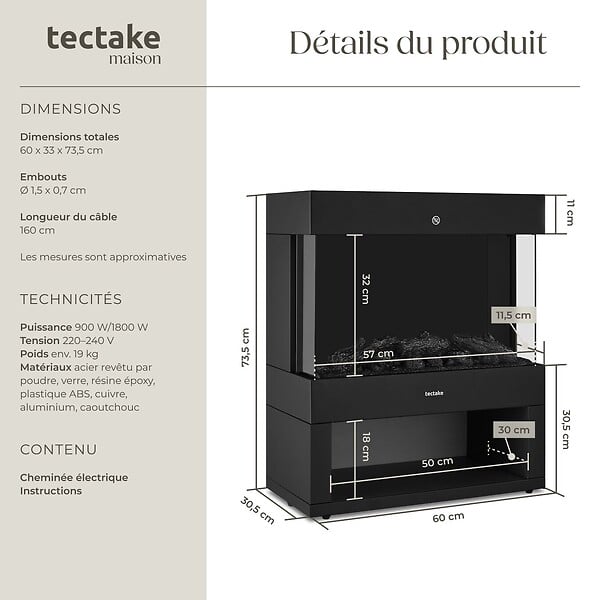 TECTAKE - Cheminée électrique noir - large