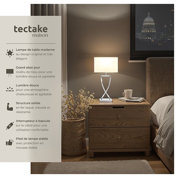 TECTAKE - Lampe de table AVINA 60W gris chrome - large