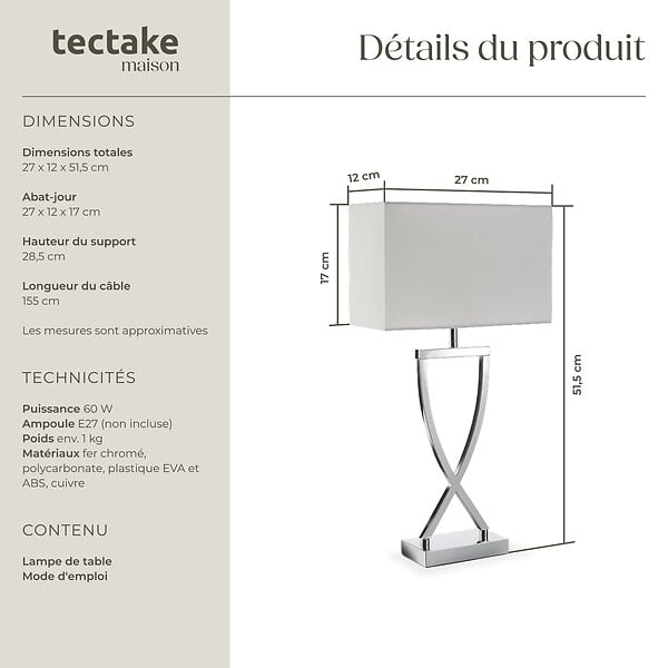 TECTAKE - Lampe de table AVINA 60W gris chrome - large