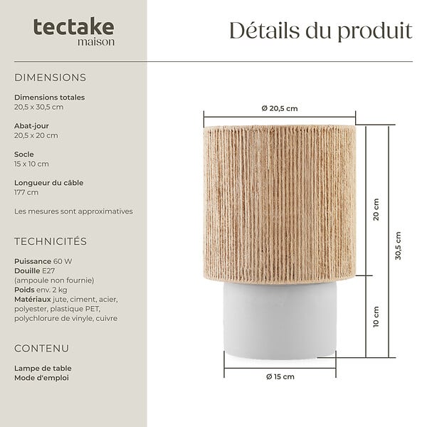TECTAKE - Lampe de chevet KLEA en jute au style bohème 60W marron naturel - large