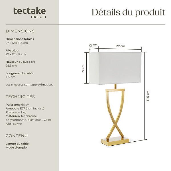 TECTAKE - Lampe de table AVINA 60W couleur laiton - large