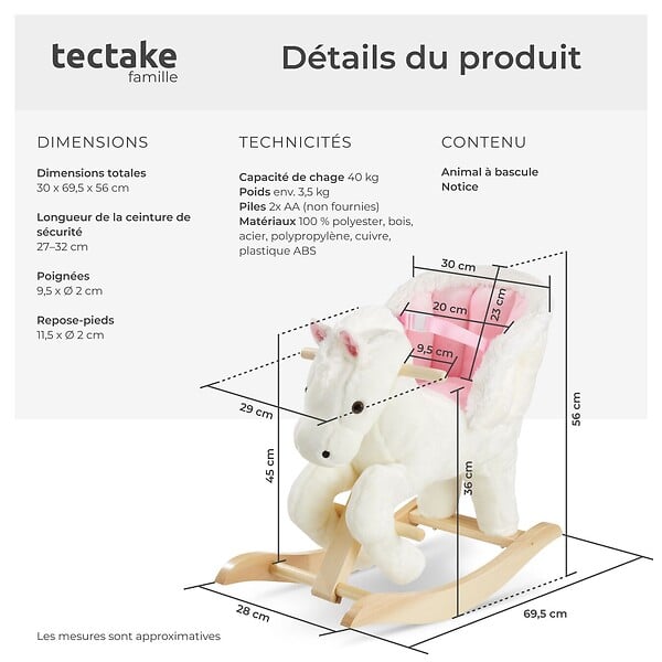 TECTAKE - Cheval à bascule au design de qualité à partir de 18 mois rose/blanc - large
