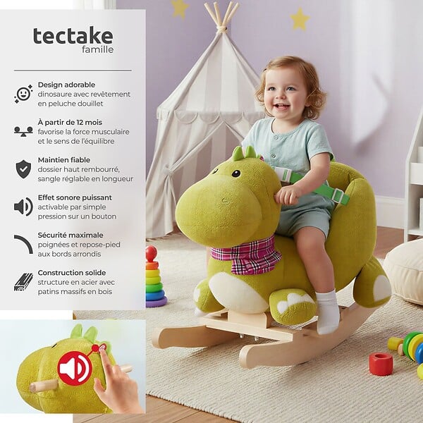 TECTAKE - Dinosaure à bascule avec housse en peluche à partir de 12 mois vert - large