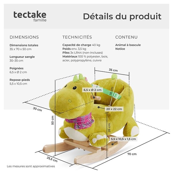 TECTAKE - Dinosaure à bascule avec housse en peluche à partir de 12 mois vert - large