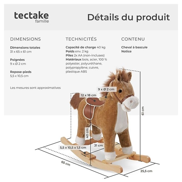 TECTAKE - Cheval à bascule en peluche au design de qualité à partir de 24 mois marron - large