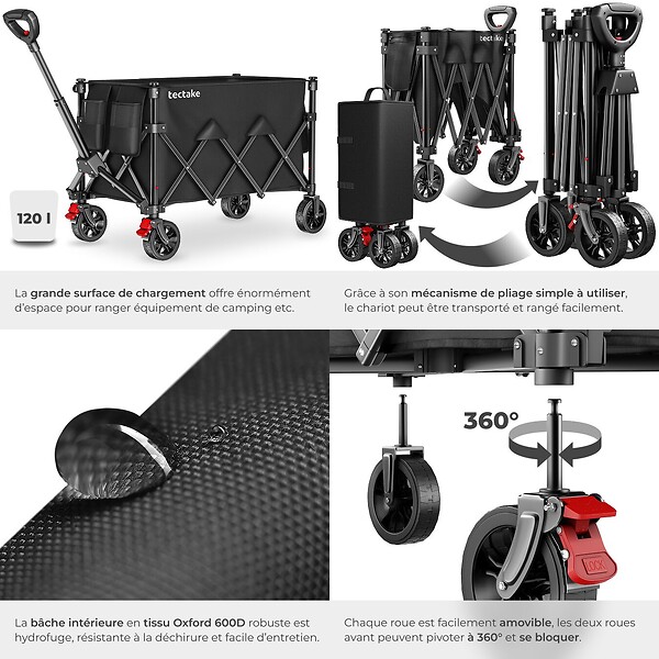 TECTAKE - Chariot pliable ROLLRIDER avec poignée télescopique et roues profilées noir - large