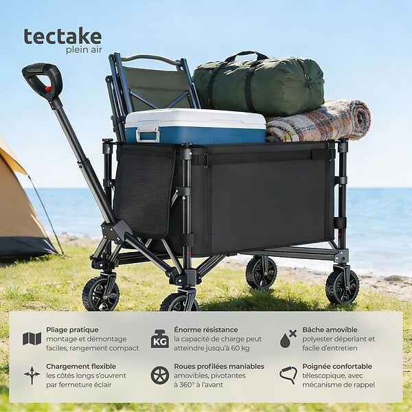 TECTAKE - Chariot pliable SMARTRIDER avec roues profilées et poignée télescopique noir - large