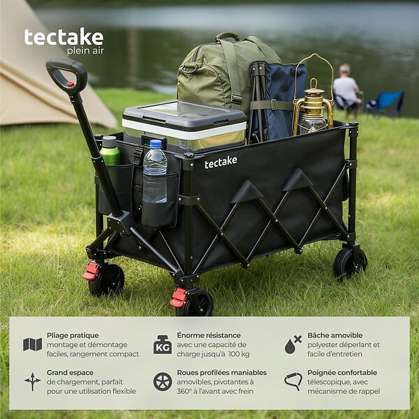 TECTAKE - Chariot pliable ROLLRIDER avec poignée télescopique et roues profilées noir - large
