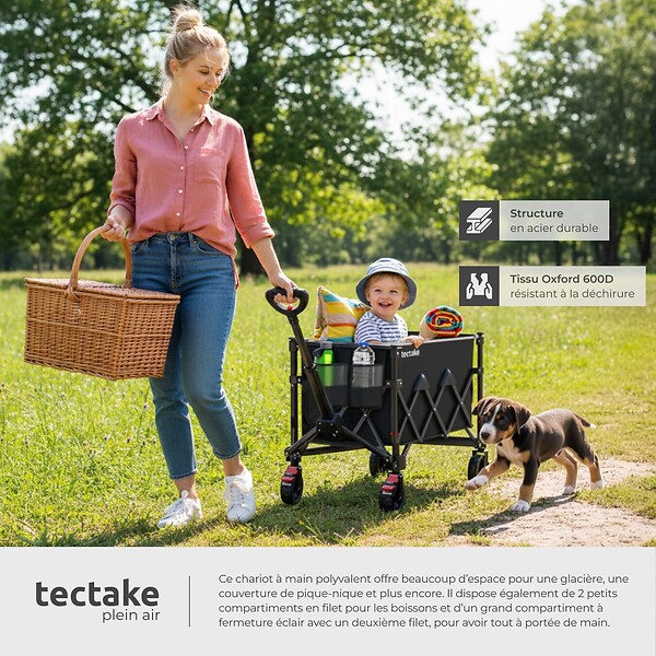 TECTAKE - Chariot pliable ROLLRIDER avec poignée télescopique et roues profilées noir - large