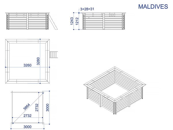HABITAT ET JARDIN - Piscine bois rectangle " Maldives  " - 3.20 x 3.20 x 1.24  m + Bâche à bulles 180 µ - Bâche hiver 280 g/m² - large