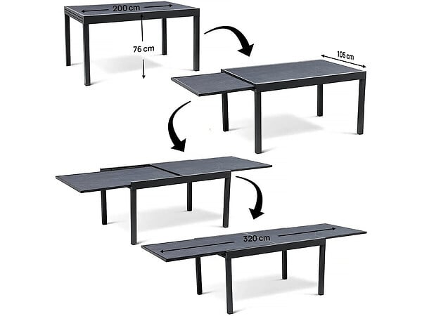 HABITAT ET JARDIN - Table extensible et chaises de jardin en aluminium "Lagos" - 200/320 x 105 x 76 cm - 12 places - Gris foncé - large