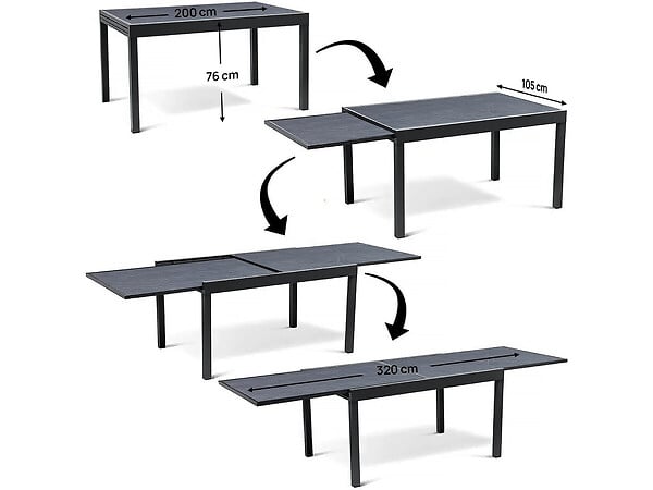HABITAT ET JARDIN - Table extensible et chaises de jardin en aluminium "Lagos" - 200/320 x 105 x 76 cm - 10 places - Gris foncé - large