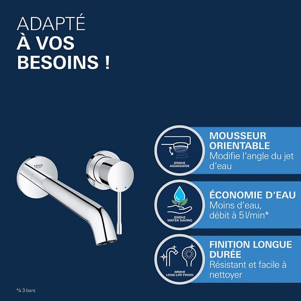 GROHE - Mitigeur mural lavabo Essence avec corps encastré L Chromé - large