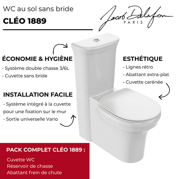 JACOB DELAFON - WC à poser sans bride sortie universelle Cléo 1889 avec abattant extra-plat frein de chute - large