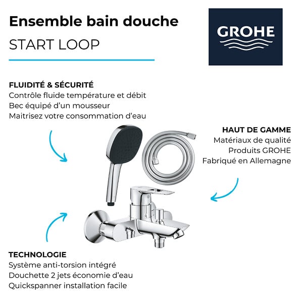 GROHE - Pack mitigeur mécanique bain douche Start Loop chromé + Douchette 2 jets Vitalio Comf.110 et flexible - large