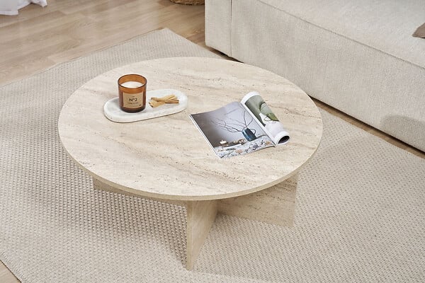 HABITAT ET JARDIN - Table basse en bois "Soleil" - 90 x 90 x 40 cm - Travertin - large