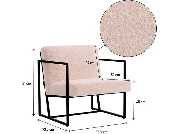 HABITAT ET JARDIN - Fauteuil "Kennedy" en velours et métal - 73. 5 x 75.5 x 81 cm - Crème - large
