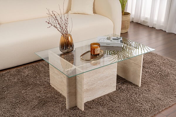 HABITAT ET JARDIN - Table basse en bois "Vetrino" - 105 x 65 x 40 cm - Travertin - large
