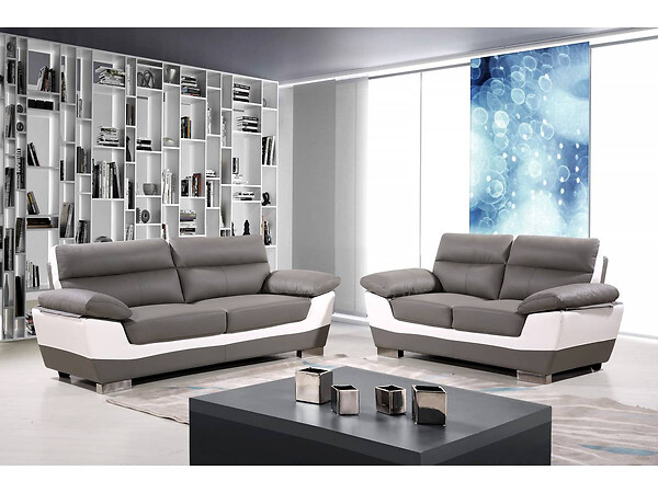 HABITAT ET JARDIN - Canapé fixe en cuir reconstitué et PVC " Dallas" - 210 x 88 x 90 cm - 3 places - Gris/Blanc - large