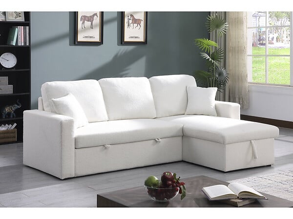 HABITAT ET JARDIN - Canapé d'angle convertible/reversible avec coffre "Alain" - 3 places - Bouclettes -  Blanc - large