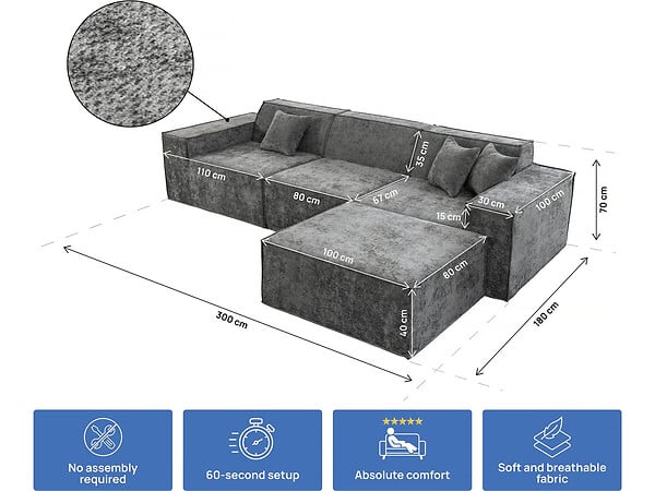 HABITAT ET JARDIN - Canapé droit modulable avec ottoman en tissu texturé "Lusso" - 4 places - Gris - large