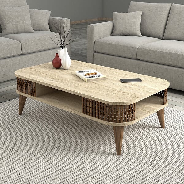 HABITAT ET JARDIN - Table basse en bois "Eylul" - 105 x 60 x 35 cm - Travertin - large