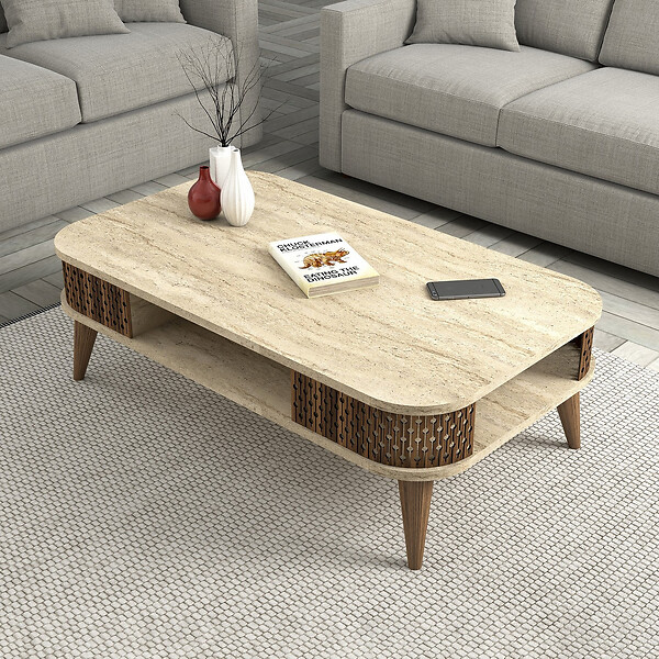 HABITAT ET JARDIN - Table basse en bois "Eylul" - 105 x 60 x 35 cm - Travertin - large