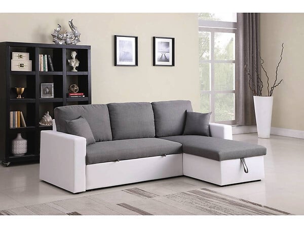 HABITAT ET JARDIN - Canapé d'angle convertible/ réversible avec coffre "Alain" - 221 x 145 x 85 cm - 3 places - Gris / Blanc - large