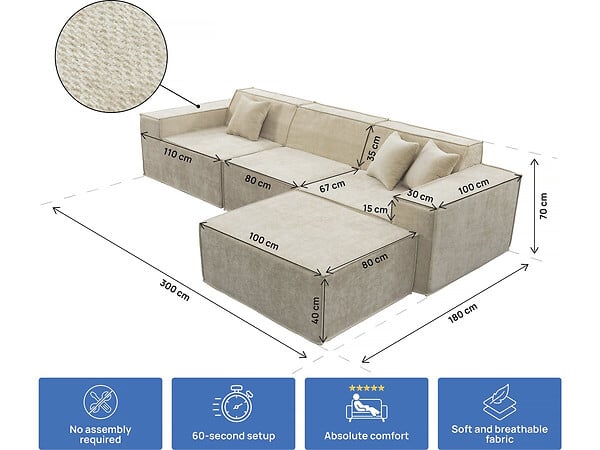 HABITAT ET JARDIN - Canapé droit modulable avec ottoman en tissu texturé "Lusso" - 4 places - Beige - large