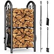 VOUNOT - Porte buches cheminee avec 4 outils en metal noir - vignette