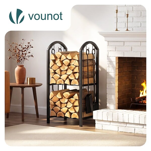 VOUNOT - Porte buches cheminee avec 4 outils en metal noir - large