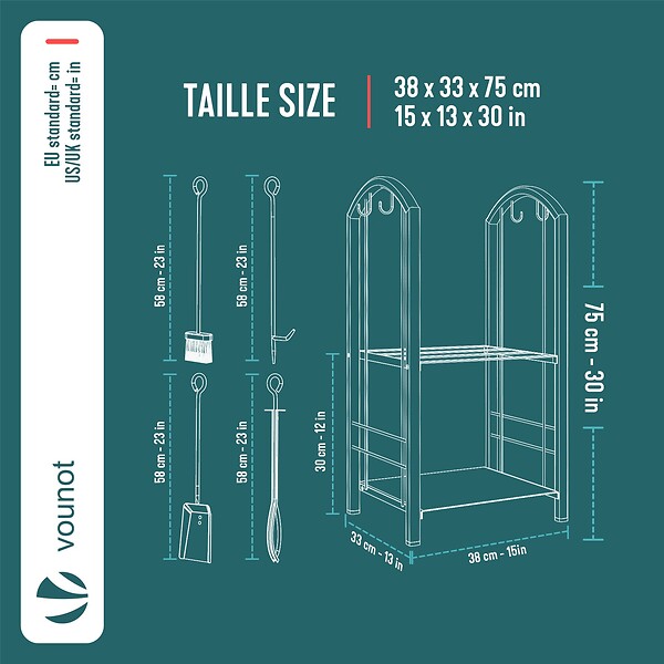 VOUNOT - Porte buches cheminee avec 4 outils en metal noir - large