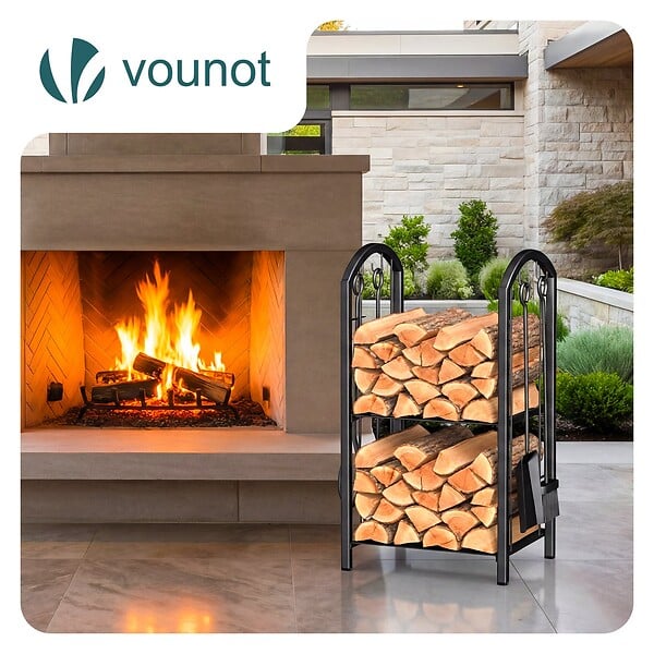 VOUNOT - Porte buches cheminee avec 4 outils en metal noir - large