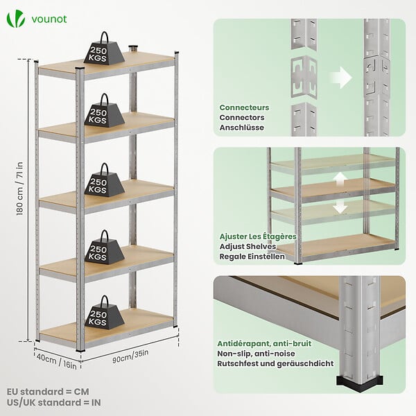 VOUNOT - Lot de 2 Etagères de rangement renforcees charge extra lourde à 5 niveaux 90x40x180cm - large