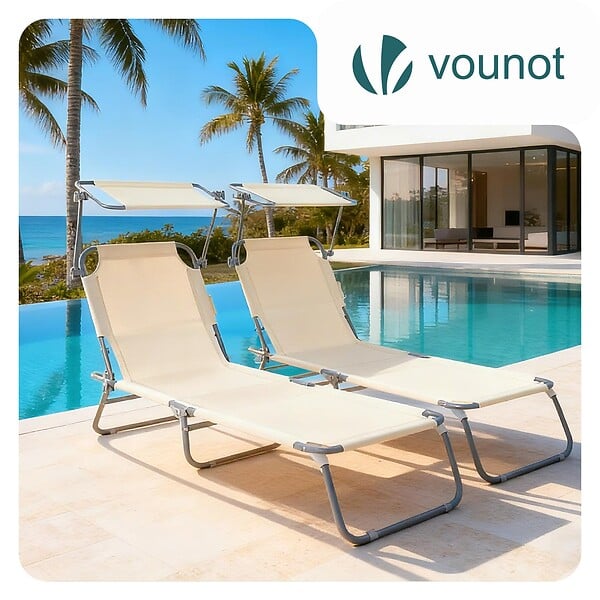 VOUNOT - Lot de 2 chaise longue pliante avec pare soleil beige - large