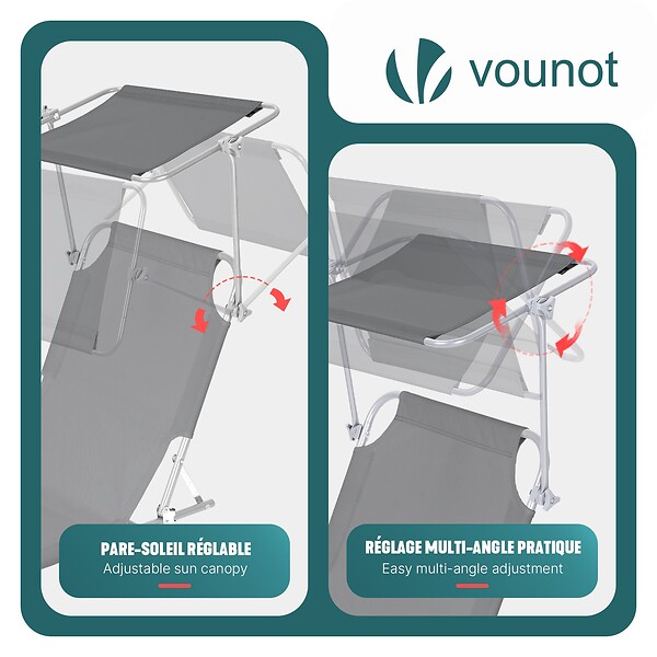 VOUNOT - Lot de 2 chaise longue pliante avec pare soleil gris - large