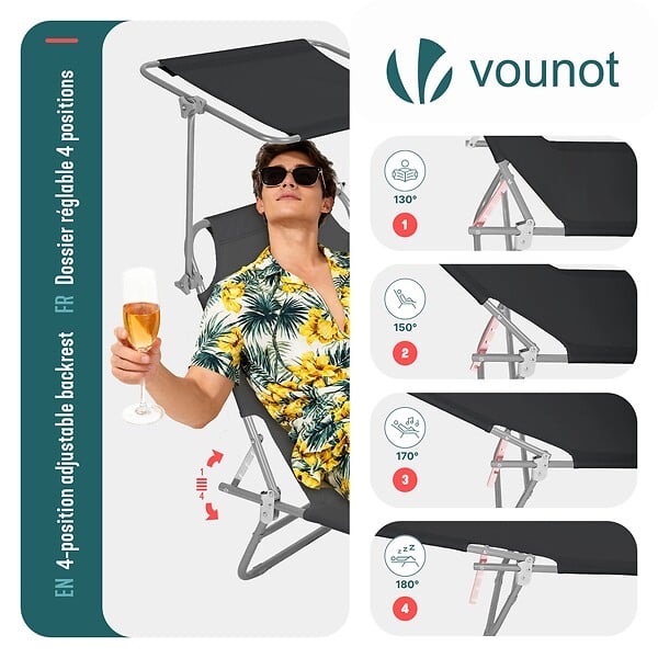 VOUNOT - Lot de 2 chaise longue pliante avec pare soleil noir - large
