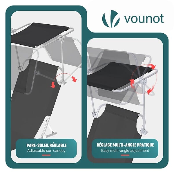 VOUNOT - Lot de 2 chaise longue pliante avec pare soleil noir - large